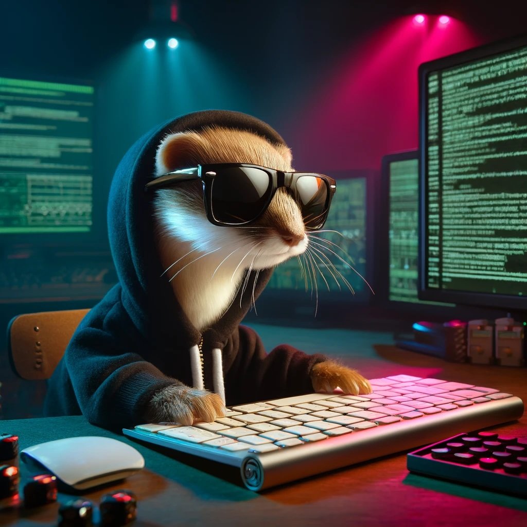 WeaselHacker — a weasel in a dark hoodie and sunglasses hacking at a computer